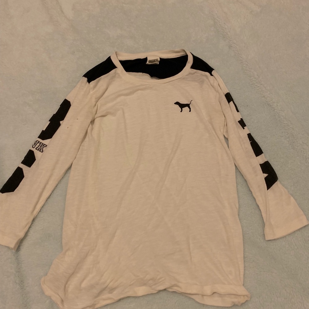 A white and black victory secret pink shirt